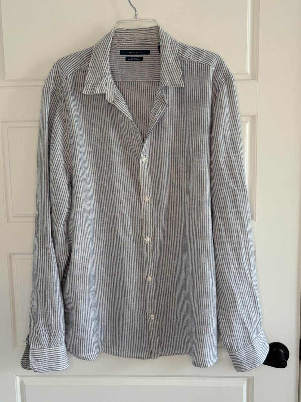 Perry Ellis Men’s 100% Linen Shirt Roll Tab Sleeves Button Up Pinstriped Sz 2XLT